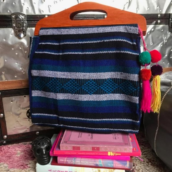 Foldover Fabric Wood Clutch Mexican Textile Purse - Picture 2 of 8